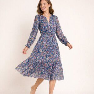 BeachLunchLounge Women’s Boho Midi Dress Size Large Blue Floral Long Sleeve